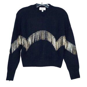 Paris Atelier Embellished Sweater XS Navy Blue Wool Alpaca Rhinestone Fringe